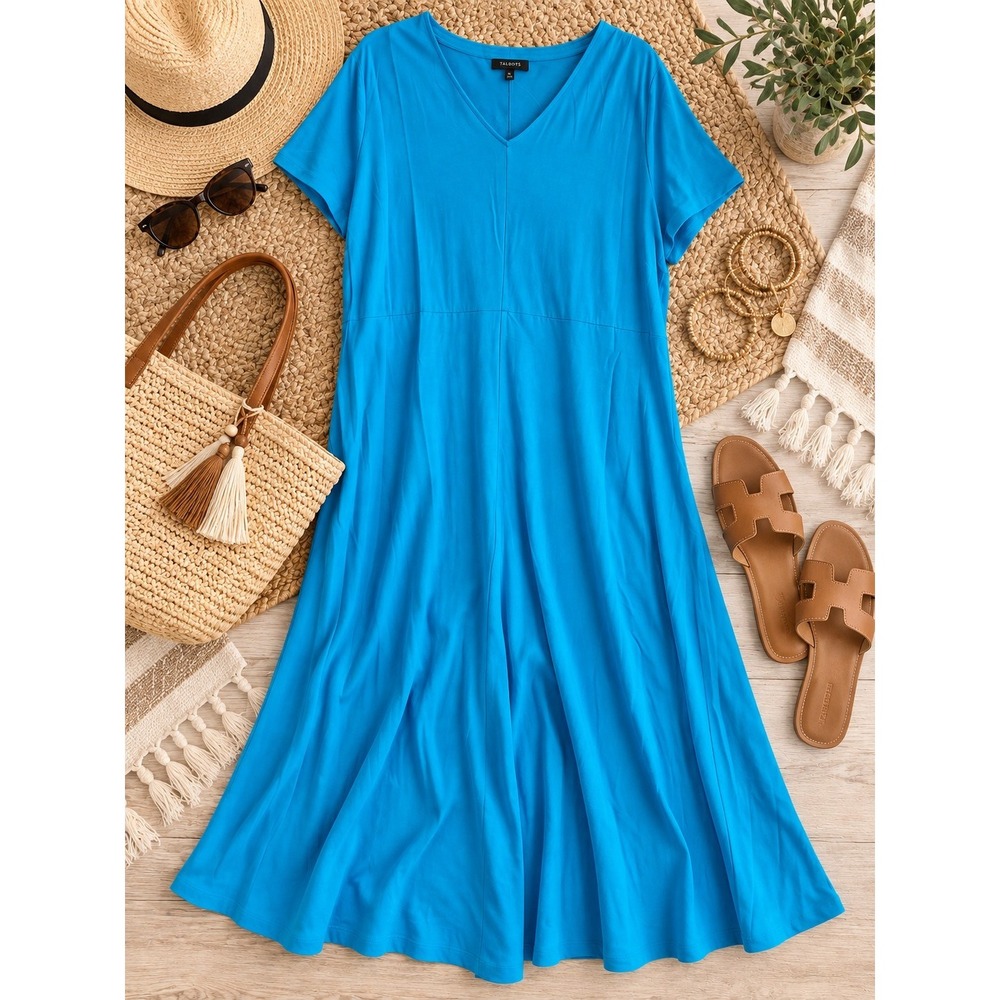 Talbots 2X Petite NWT Turquoise Blue Cotton Blend Knit Maxi Dress V Neck